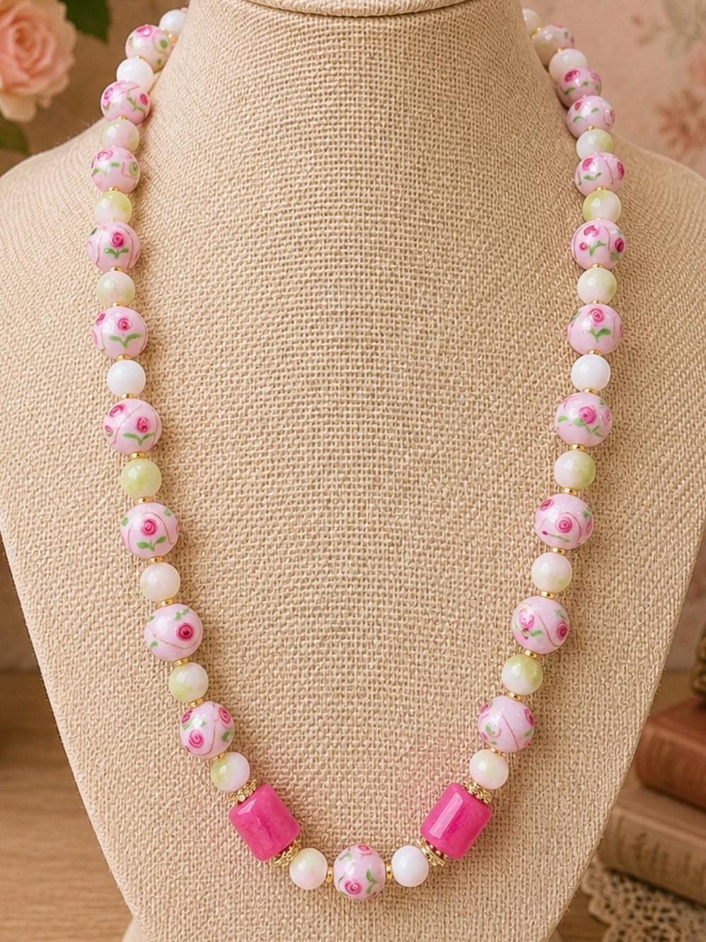 Handmade Vintage Cake Bead and Quartz Necklace